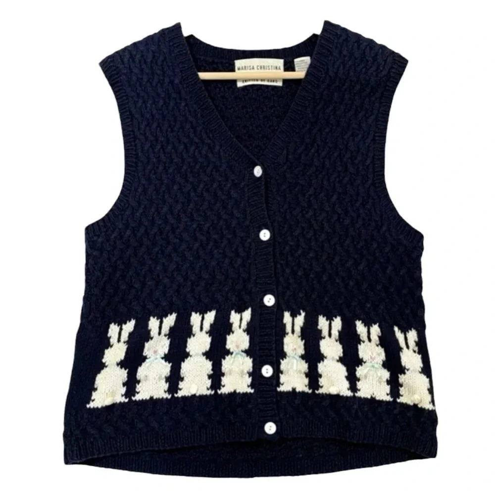 Vintage Marisa Christina Navy Hand Knitted Bunny Rabbit Easter Novelty Vest